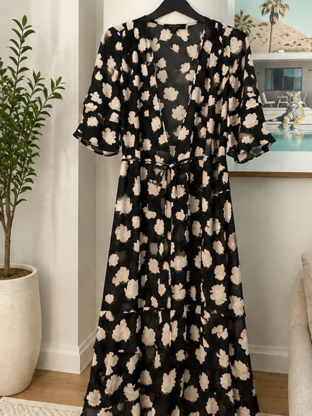 AllSaints Black Maxi Dress with Cream Floral Print